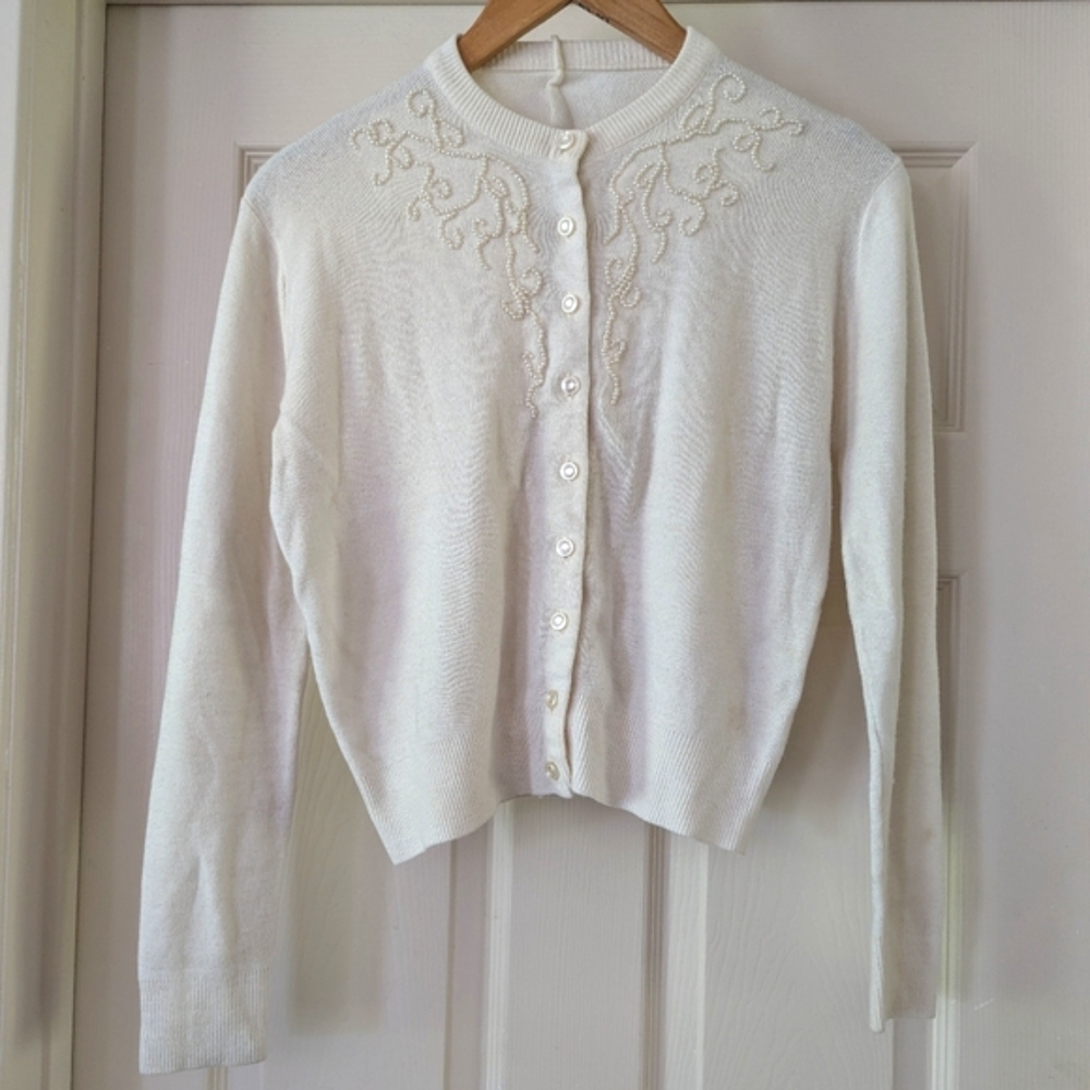 Vintage Handmade White Button Up Sweater With Pearl Design Size Medium